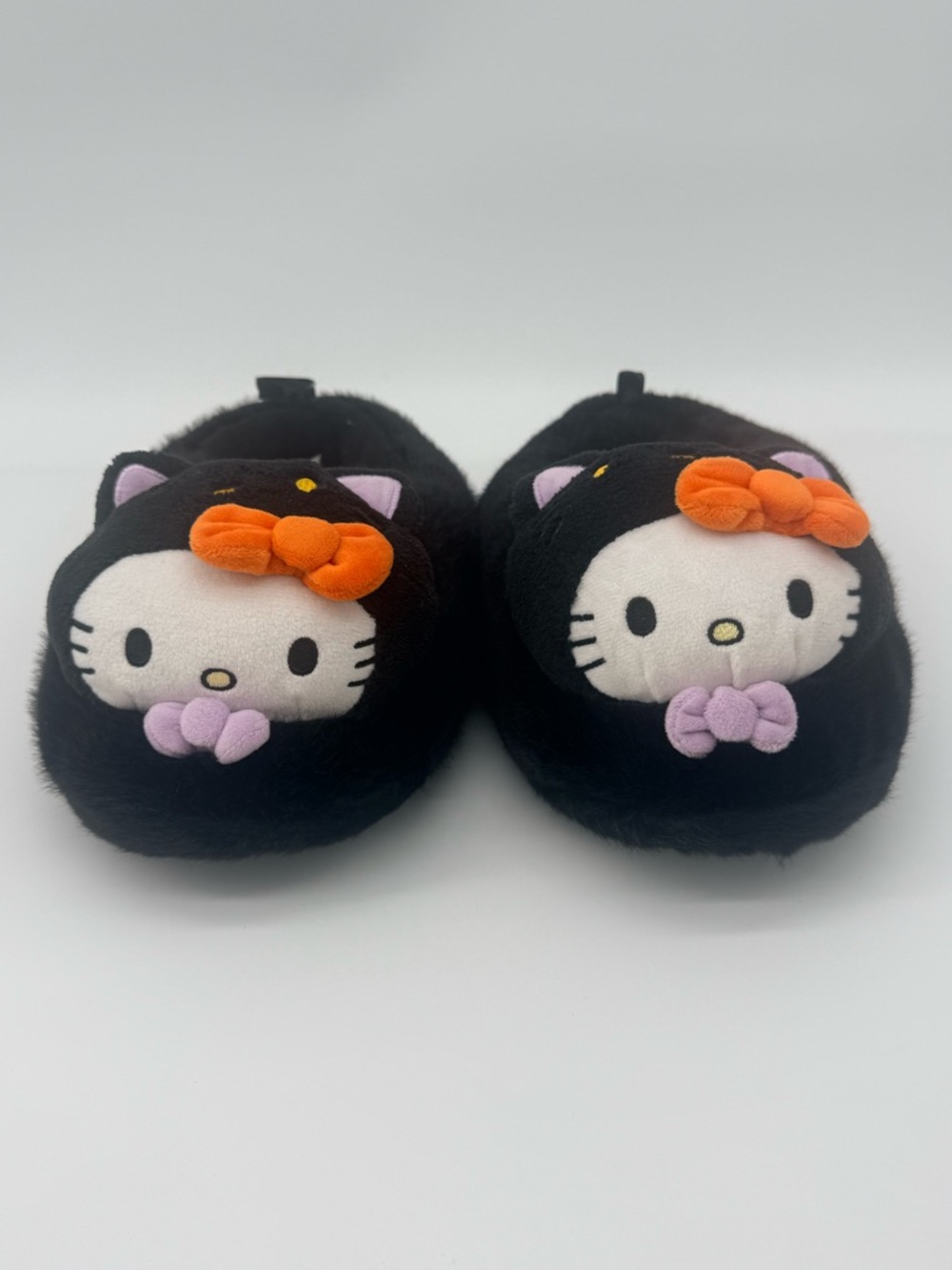 Hello Kitty Black Plush Slippers with Orange Bow and Lavender Accents